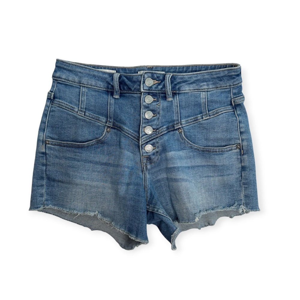 Vigoss Ace Short Womens 27 Blue High Rise Button Fly Raw Hem Denim Jean Shorts